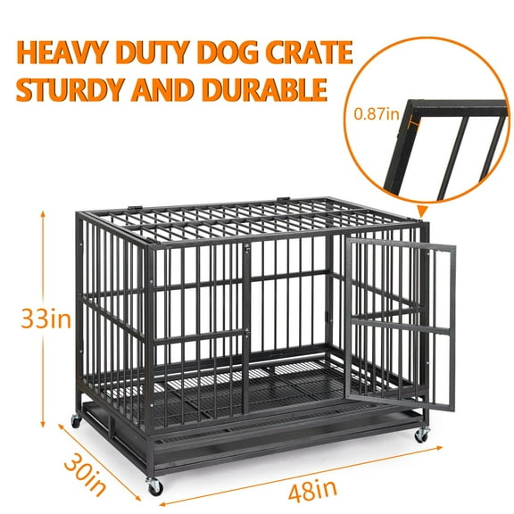 Towallmark Heavy Duty Dog Crate – 48x30x33 inch Cage Kennel with Wheels, Double Doors, Removable Tray, Indestructible Design for Large, Anxious Pets