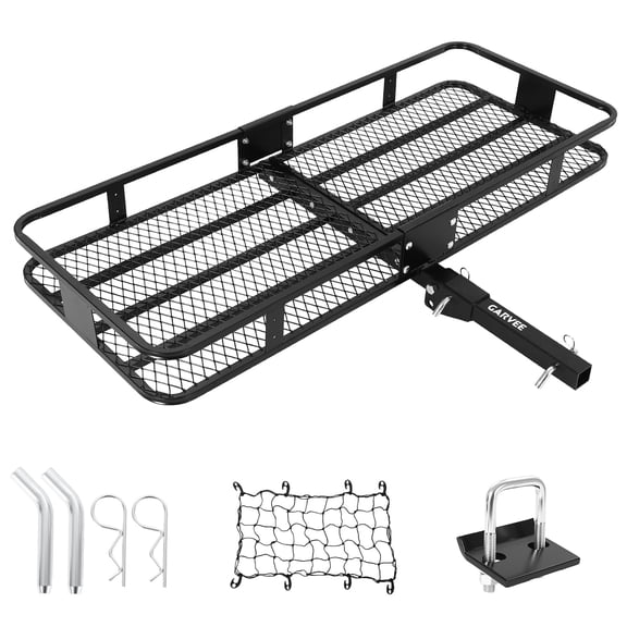 Towallmark Heavy Duty Folding Hitch Cargo Carrier Basket for Vehicle - 60" x 20" x 6" Rear Rack, 500 lbs Capacity, with Hitch Stabilizer, Cargo Net, Ratchet Straps for Luggage Transport