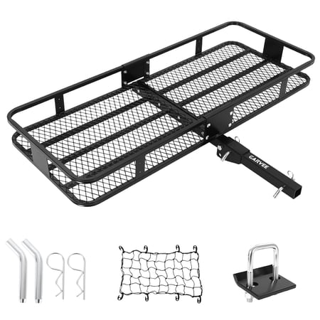 Towallmark Heavy Duty Folding Hitch Cargo Carrier Basket for Vehicle - 60" x 20" x 6" Rear Rack, 500 lbs Capacity, with Hitch Stabilizer, Cargo Net, Ratchet Straps for Luggage Transport