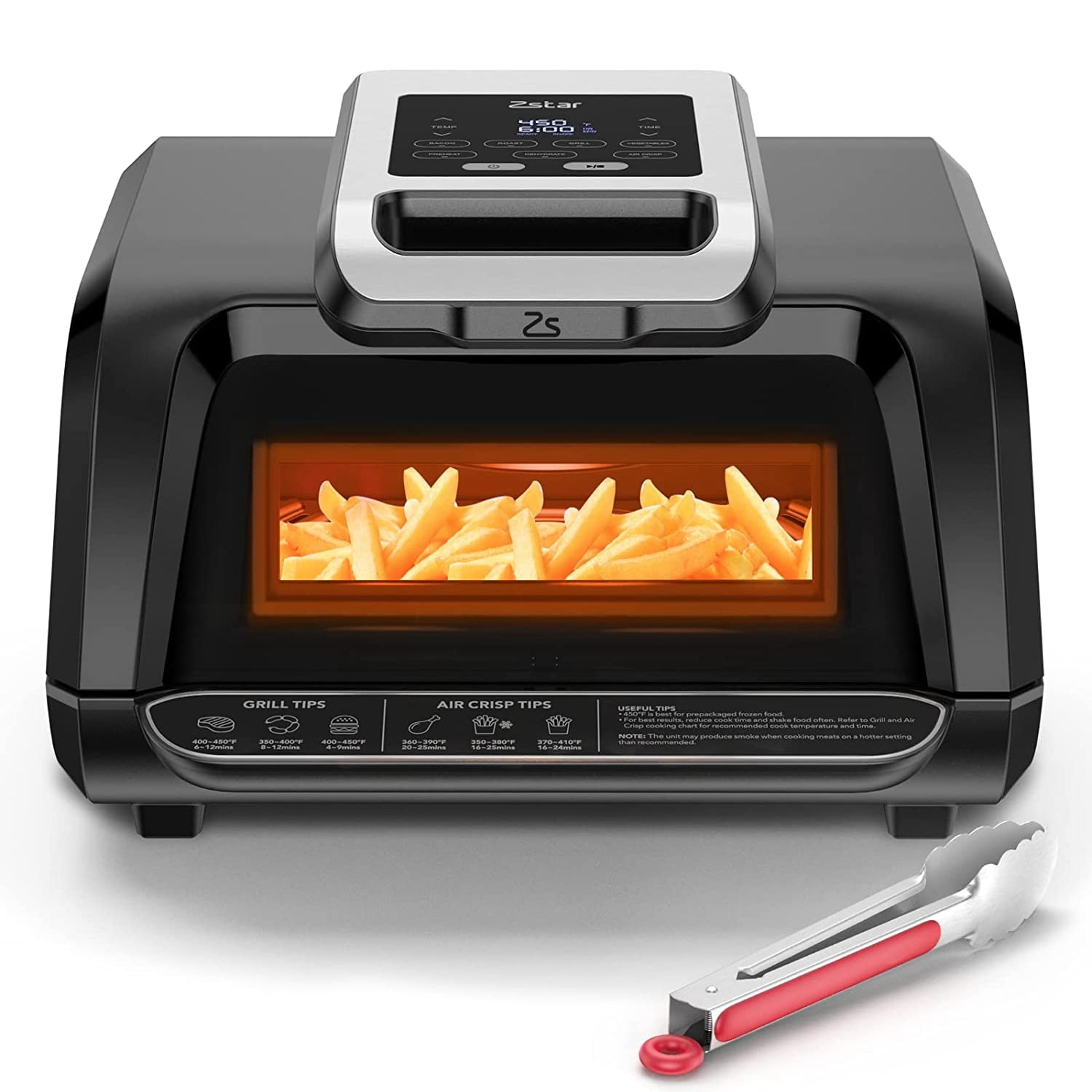 Towallmark Indoor Grill Air Fryer Combo with See-Through Window, 7-in-1 Smokeless Electric Air Grill up to 450F, 1750W Contact Grill with Non-Stick Removable Plates, Even Heat, Silicon Tongs as Gift