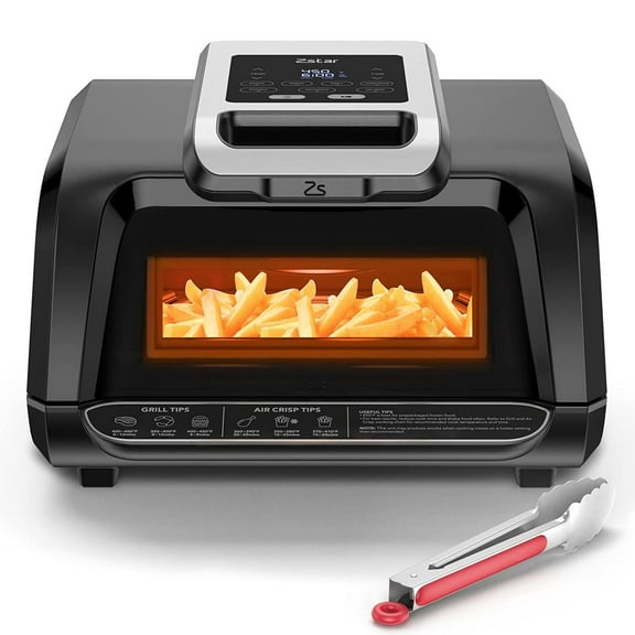 Towallmark Indoor Grill Air Fryer Combo with See-Through Window, 7-in-1 Smokeless Electric Air Grill up to 450F, 1750W Contact Grill with Non-Stick Removable Plates, Even Heat, Silicon Tongs as Gift