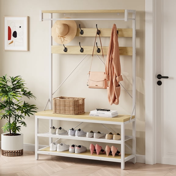 Towallmark Industrial Hall Tree Storage Bench for Entryway, Wood Look Accent, Large Shoe Rack with Shelf, Hanging Bar, 8 Hooks (39.97"x15.74"x72")