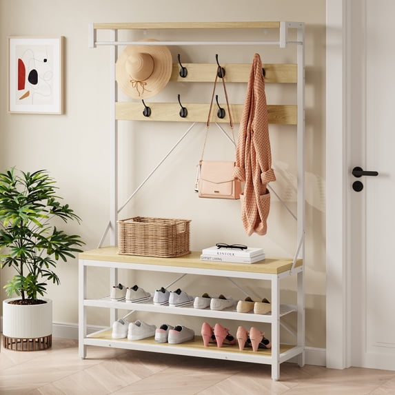 Towallmark Industrial Hall Tree Storage Bench for Entryway, Wood Look Accent, Large Shoe Rack with Shelf, Hanging Bar, 8 Hooks (39.97"x15.74"x72")