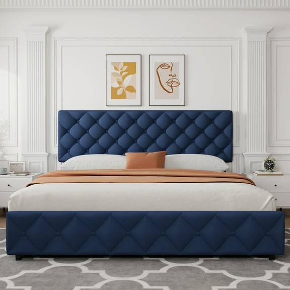 Towallmark KING Size Bed Frame, with 4 Storage Drawers & Adjustable Headboard and Storage, Linen Upholstered Platform Beds, Noise-Free & No Box Spring Needed, Blue