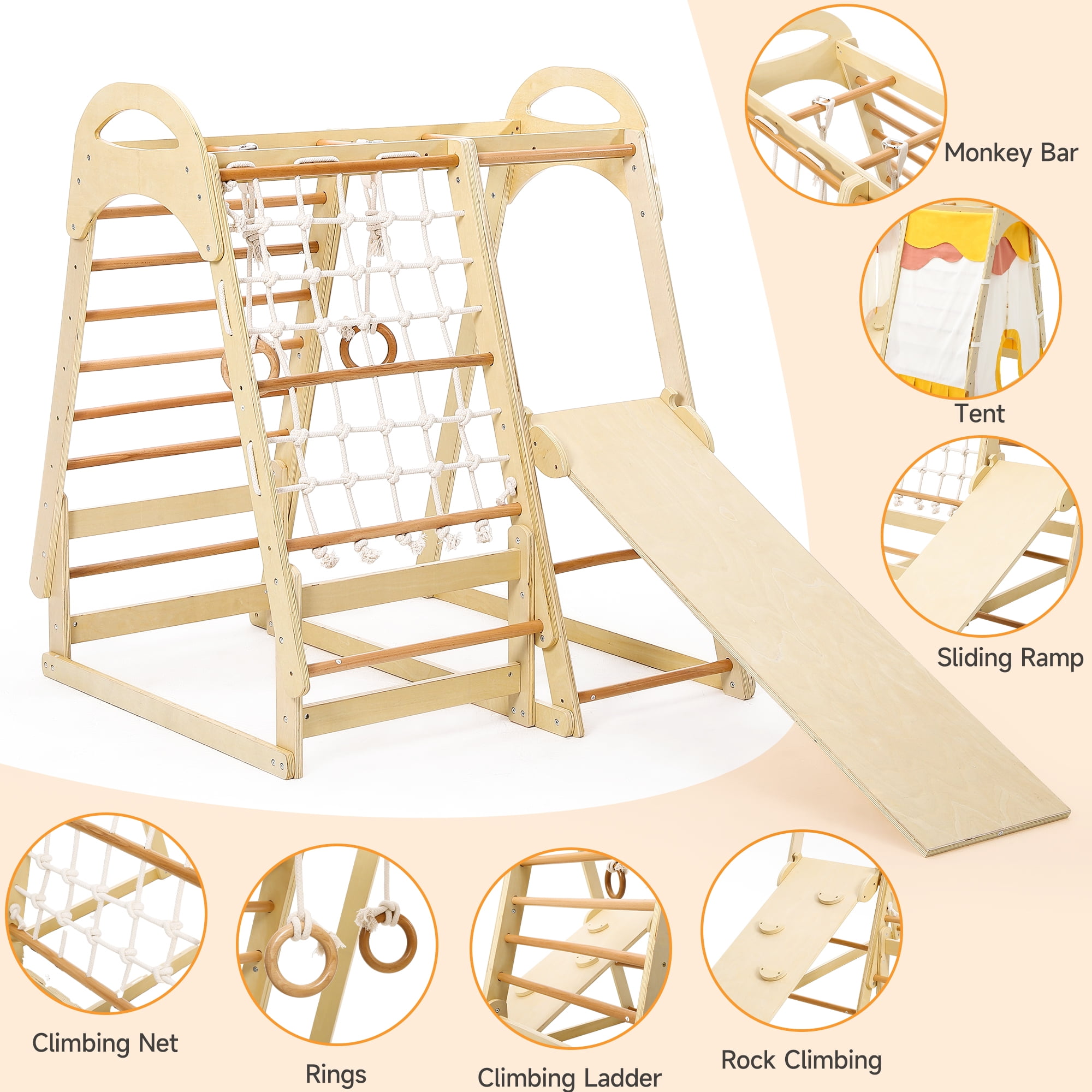 Towallmark Kids Gym Toy Set, 7In1 Wooden Climbing Frame, Triangle Folding Climbing And Sliding