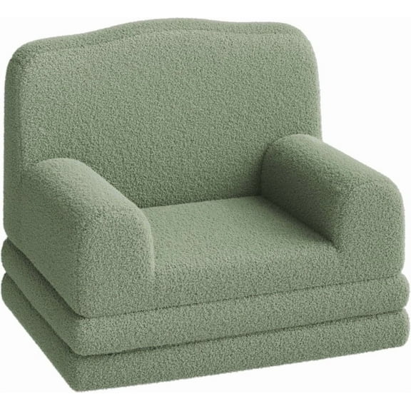 Towallmark Kids Sofa Chair, Convertible Toddler Couch with Washable Cover, Sherpa Childrens Reading Chair, Fold Out Sofa Bed for Nursery Playroom, Green Crown Design
