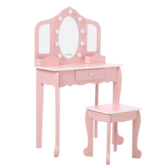 Towallmark Kids Vanity Set with Drawer and Stool, Girls Vanity Set with with Lights and Mirror for Girls, Wood Makeup Playset Birthday for Age 4-9 Years,Pink