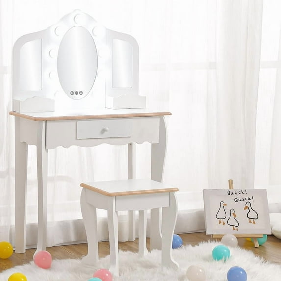 Towallmark Kids Vanity Set with Lighted Mirror, Pretend Play Makeup Table and Chair Set for Girls, 3 Mirror Wooden Vanity Desk with Stool, White Play Furniture