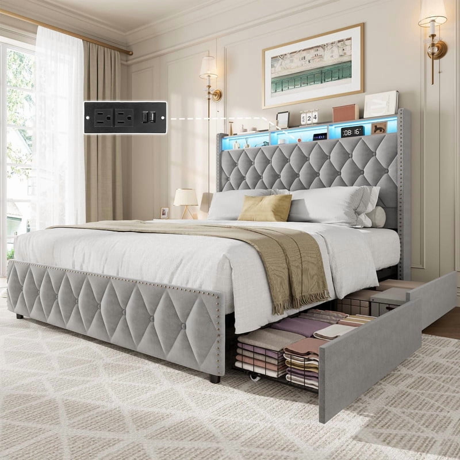 Towallmark King Size Bed Frame with 50.8" Tall Headboard, Platform Velvet Upholstered Bed Frame with 4 Storage Drawers, USB Charging Station, Led Lights, No Box Spring Needed, Easy Assembly, Beige