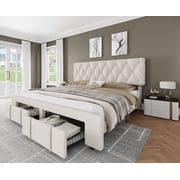 Towallmark King Size Bed Frame with 2 Storage Drawers, Upholstered Platform Bed Frame with Adjustable Button Tufted Headboard, Beige