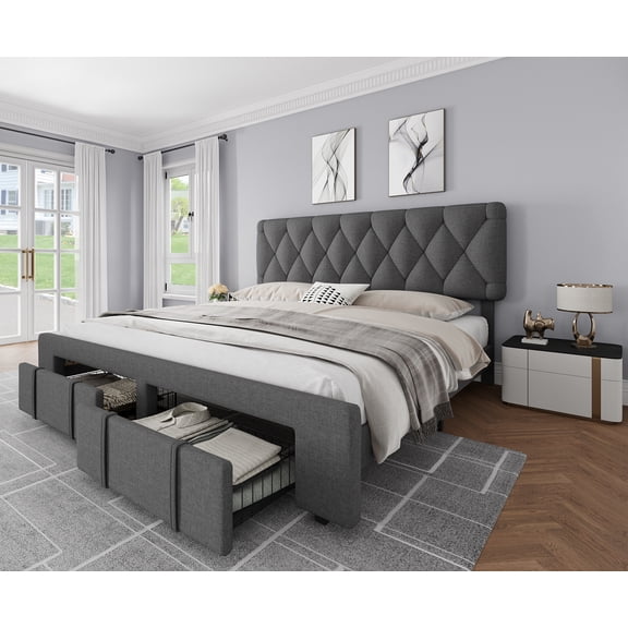 Towallmark King Size Bed Frame with 2 Storage Drawers, Upholstered Platform Bed Frame with Adjustable Button Tufted Headboard, Grey