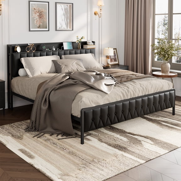 Towallmark King Size Storage Bed Frame with Charging Station, All-Metal Queen Platform Bed with Storage Faux Leather Button Headboard and Footboard, 800 LBS Capacity