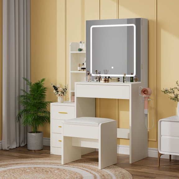 Towallmark LED Vanity Table with Charging Station & Hidden Storage | Makeup Desk, 4 Drawers, Sliding Mirror | Includes Stool for Bedroom, white