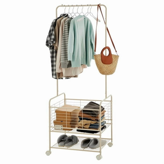 Towallmark Metal Laundry Cart with Hanging Rack & Storage Shelves | 3-In-1 Rolling Hamper with Wheels for Clothes, Towels and Toys | Space Saving Organizer for Small Apartment/Bathroom
