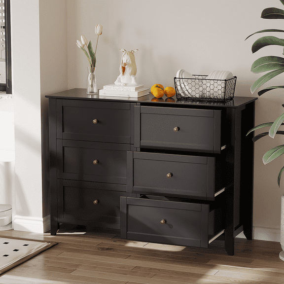 Towallmark Modern 6-Drawer Double Dresser, Black Wood Storage Cabinet with Nickel Handles & Sturdy Legs, Chest of Drawers for Living Room, Entryway, Bedroom