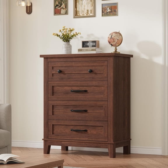 Towallmark Modern Farmhouse 4 Drawer Dresser for Bedroom, Engineered Wood Chest of Drawers with Convex Drawer Fronts, Polished Finish, 29.1" W x 15.7" D x 34.8" H, brown