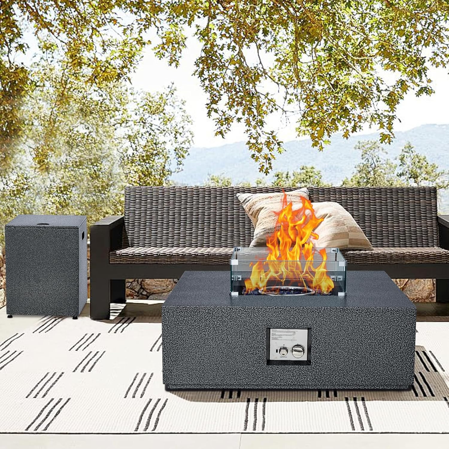 Towallmark Outdoor Fire Table, 36 inch Square Fire Table 50,000 BTU w 16 inches Tank Side Table, Wind Guard, Lava Rocks & Rain Cover for Garden, Pool, Porch, Backyard