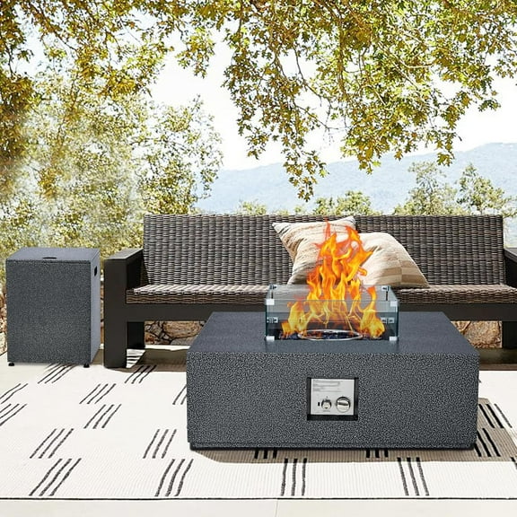 Towallmark Outdoor Fire Table, 36 inch Square Fire Table 50,000 BTU w 16 inches Tank Side Table, Wind Guard, Lava Rocks & Rain Cover for Garden, Pool, Porch, Backyard