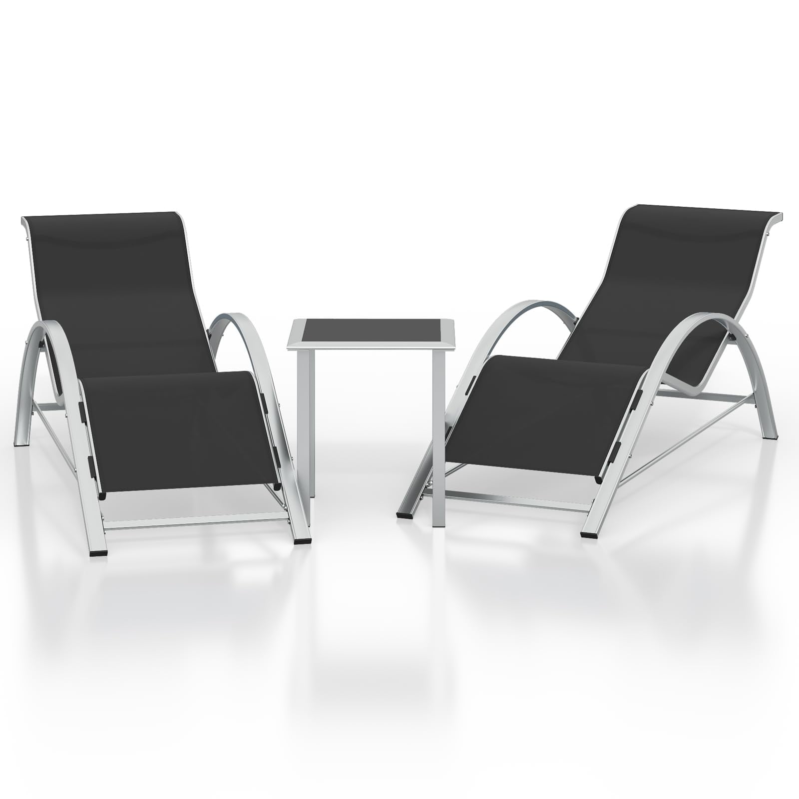 Black Aluminum 3-Piece Outdoor Chaise Lounge Set with Table