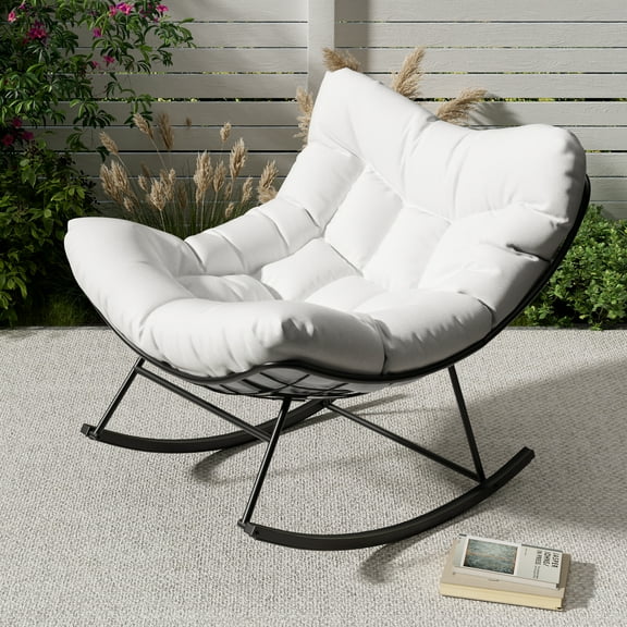 Towallmark Outdoor Papasan Rocking Chair, Oversized Rocking Chair with Sturdy Metal Frame, Patio Rattan Egg Rocker for Balcony Backyard Porch Bedroom,White