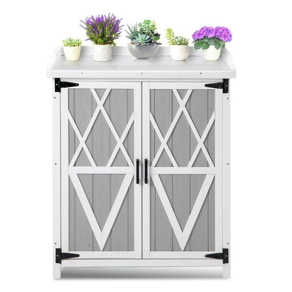 Towallmark Outdoor Potting Bench, Waterproof Garden Storage Cabinet With Metal Work Top, Wooden Gardening Workbench, Adjustable Shelves & Double Doors, For Patio Backyard Lawn, White Grey