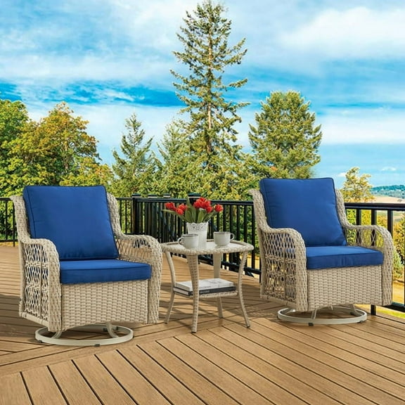 Towallmark Patio Set, 3 PCS Outdoor Wicker Rocking Bistro Set, 2 Swivel Chairs With Tempered Glass Table, Rattan Furniture With Cushions For Porch Backyard