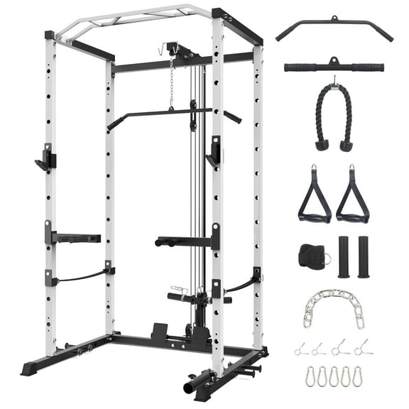 Towallmark Power Cage, Squat Rack for Home Gym with Lat Pulldown, Multi-Functional Power Rack with J-Hooks, Dip Handles, Landmine Attachment and Optional Cable Pulley System