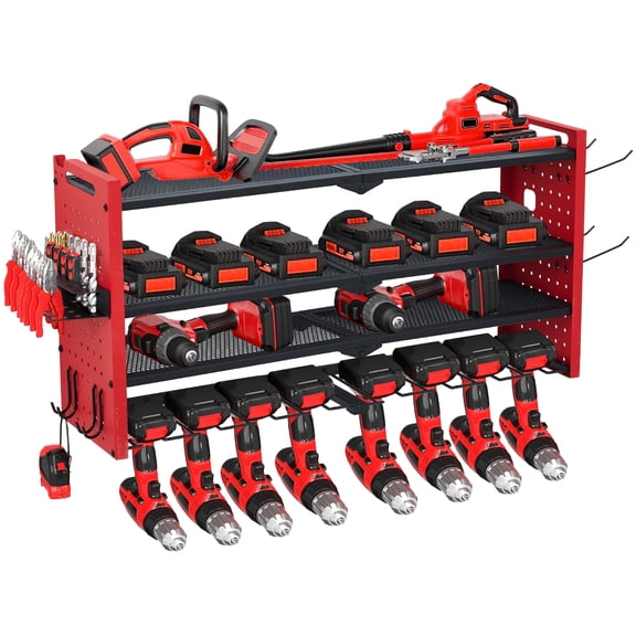 Towallmark Power Tool Organizer, 4 Layers Garage Rack with  8 Drill Holders and Drill Bit Rack, Efficient and Organized Storage for Garage, Workbench, Workshop (Black) Gift for Men