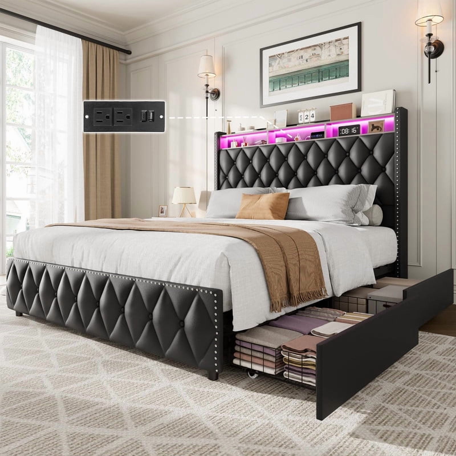 Towallmark Queen Size Bed Frame with 50.8" Tall Headboard, Platform Velvet Upholstered Bed Frame with 4 Storage Drawers, USB Charging Station, Led Lights, No Box Spring Needed, Easy Assembly,Black