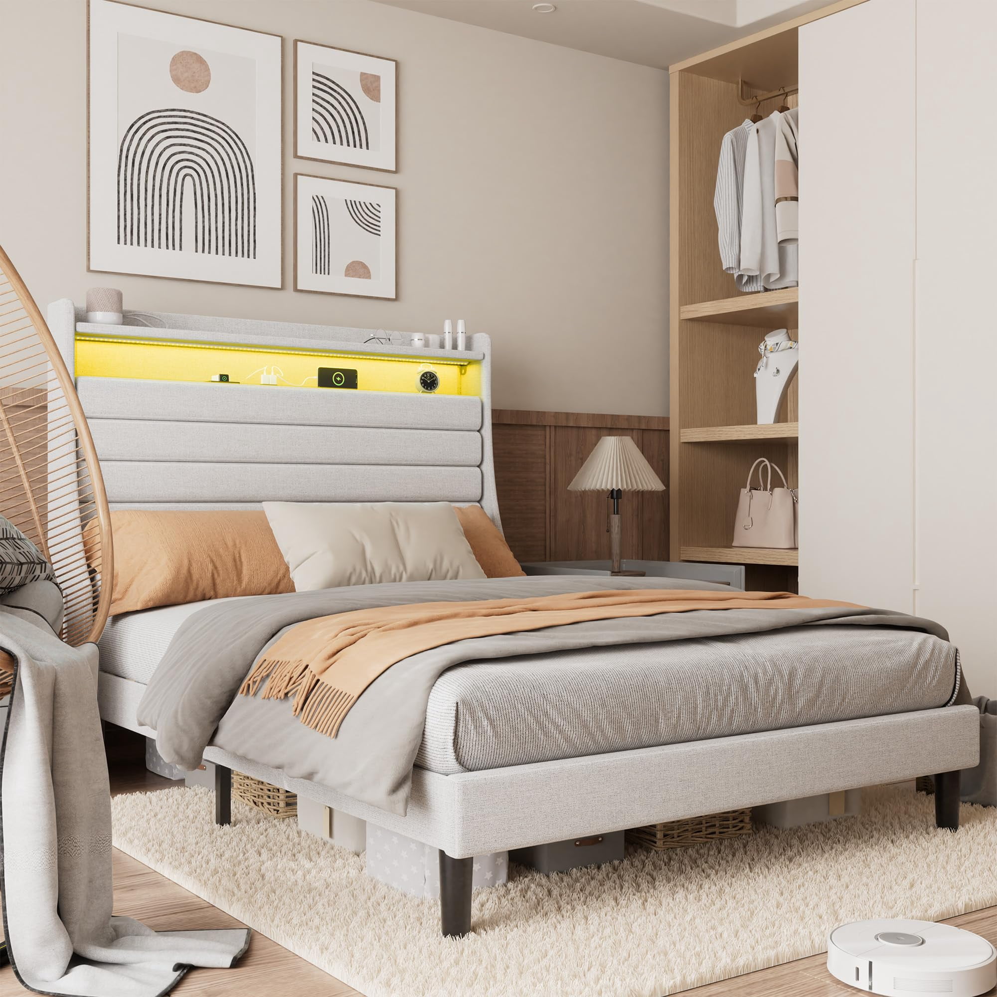 Towallmark Queen Size Bed Frame with LED Light & Power Outlet Upholstered Headboard,Bed Platform with Charging Station and 2-Tier Storage,Easy Assembly Wooden Slat Support,Beige