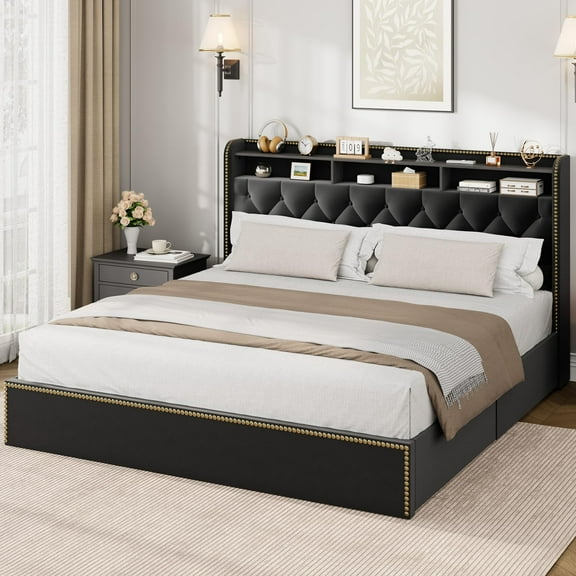 Towallmark Queen Size Bed Frame with Upholstered Headboard 2-Tier Shelf, Black Velvet Tufted Platform Bedframe with 4 Storage Drawers, Wooden Slats Support, No Box Spring Needed