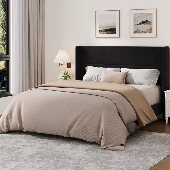 Towallmark Queen Size Bed Frame with Wingback Headboard – Velvet Upholstered Platform Bed with Wood Slats, No Box Spring Needed, Easy Assembly, Black