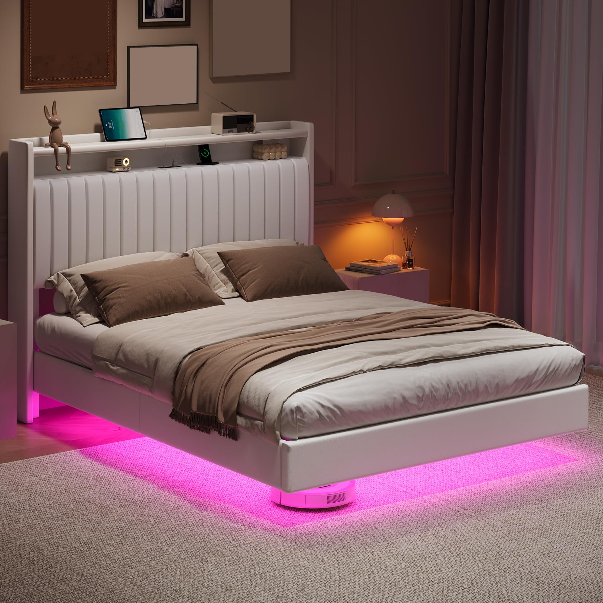 Towallmark Queen Size Floating Bed Frame with LED Lights & Charging Station,Upholstered Leather Platform Bed Frame with Headboard,50" Tall Floating Bed with Stable Structure,White