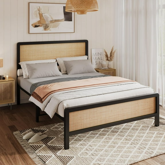 Towallmark Queen Size Rattan Platform Bed Frame with Natural Rattan Headboard and Footboard,Bed Frame with Under Bed Storage and Strong Slats Support