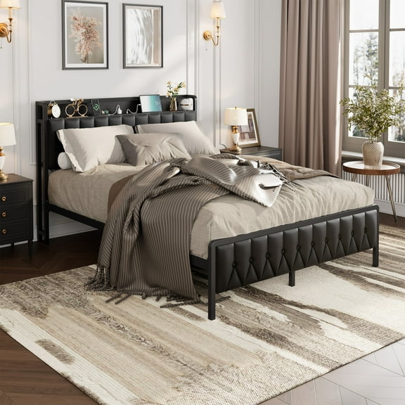 Towallmark Queen Size Storage Bed Frame with Charging Station, All-Metal Queen Platform Bed with Storage Faux Leather Button Headboard and Footboard, 800 LBS Capacity