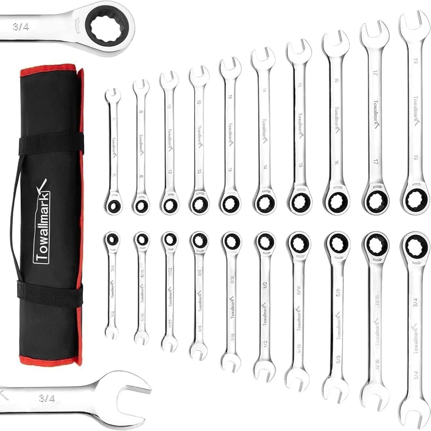 Towallmark Ratcheting Wrench, 20Pcs Standard Combination Wrench Set, SAE 1/4-3/4""& Metric 6-19mm, 72-Teeth,Cr-V Steel Ratchet Set with Storage Bag for motorcycle/car/mechanical etc