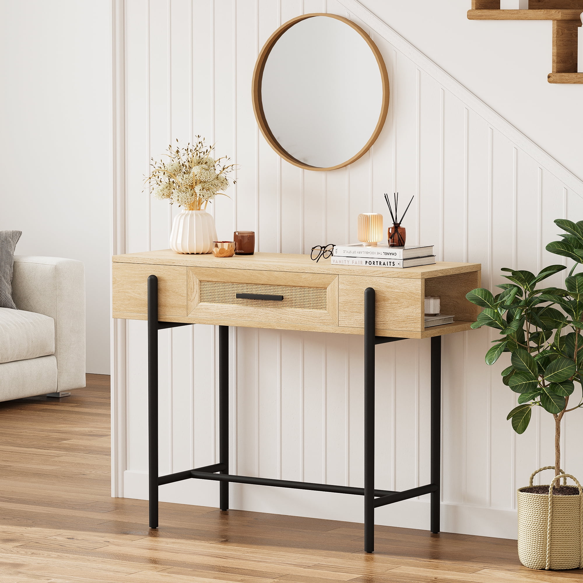 Towallmark Rattan Console Table, Sofa Tables Narrow Entryway Table with