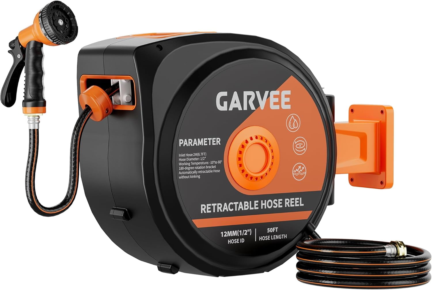Towallmark Retractable Garden Hose Reel, 1/2" x 100 ft Wall-Mounted Heavy-Duty Hose Reel, 180° Swivel Bracket, Lock at Any Length, Slow-Rewind Return, 10-Pattern Spray Nozzle