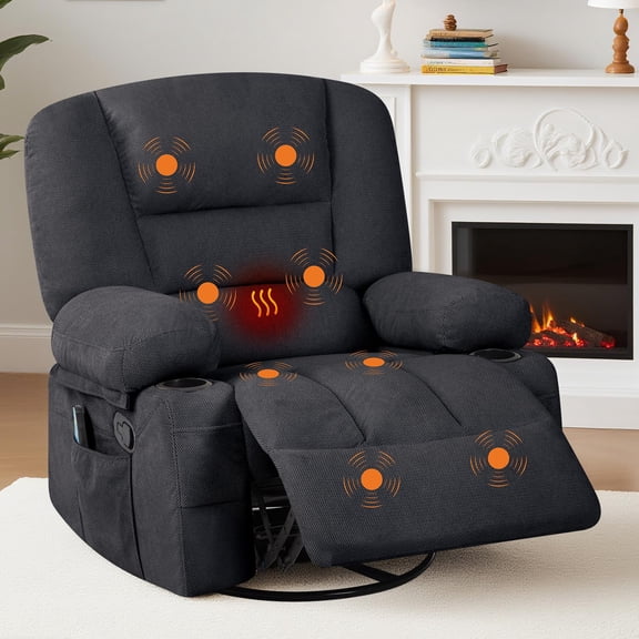 Towallmark Rocker Recliner Chair with Heat and Massage, Plush Chenile Reclining Chair with Storage Armrest & Cup Holder, Remote Control, for Bedroom Home Theater, Black (Chenille)