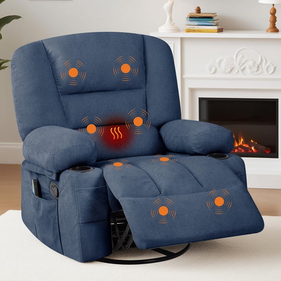Towallmark Rocker Recliner Chair with Heat and Massage, Plush Chenile Reclining Chair with Storage Armrest & Cup Holder, Remote Control, for Bedroom Home Theater, Forest Blue (Chenille)