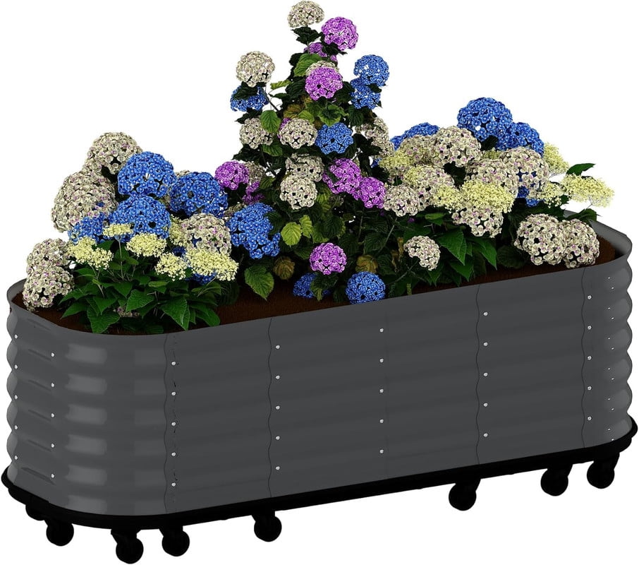 Towallmark Self Watering Wheeled Metal Garden Bed, Mobile Raised Planter Box with Lockable Wheels, Built in Water Storage Rolling Grow Station for Veggies, Indoor Outdoor Use, Gray