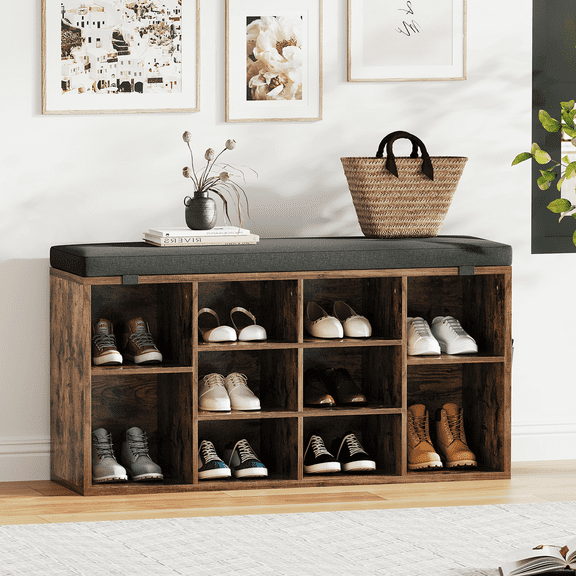 Towallmark Shoe Storage Bench,10 Cubbies Storage Organizer with Cushion,Adjustable Shelves,Bags,3-Tier Entryway Shoe Storage for Mudroom,Closet,Living Room,Brown