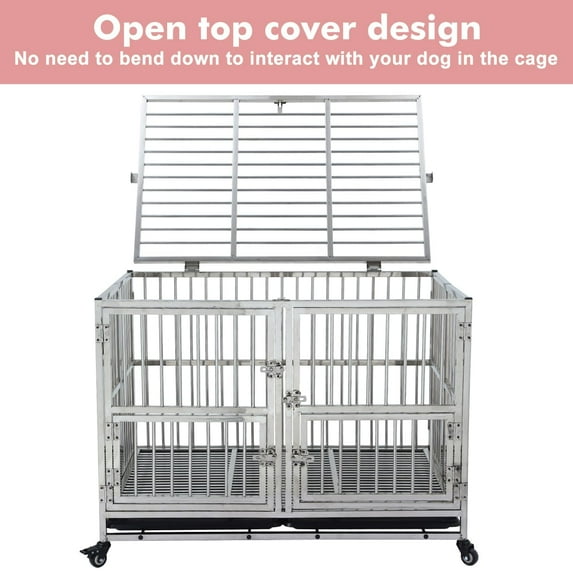 Towallmark Silver Large Dog Cage with Wheels, Lock, and Removable Tray