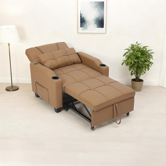 Towallmark Sofa Bed 3 in 1 Convertible Sofa Chair Bed with USB Charging, Cup Holders & Side Pockets, Lounger Sleeper Chair Single Recliner for Small Space Adjustable Backrest, Brown