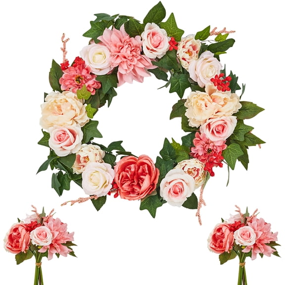 Towallmark Spring Summer Wreath for Front Door (22") | with 2 Extra Flower Bundles | Hyacinth, Peony & Rose | Farmhouse Porch, Wall & Window Decor