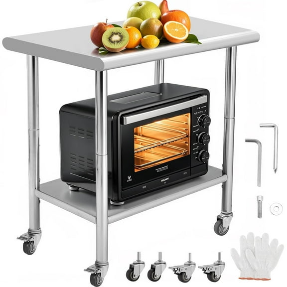 Towallmark Stainless Steel Work Table, 24x30x35 Inch Commercial Kitchen Table With Wheels And Adjustable Shelf, Heavy Duty Metal Prep Table For Restaurants, Home, Workshop, Easy To Clean