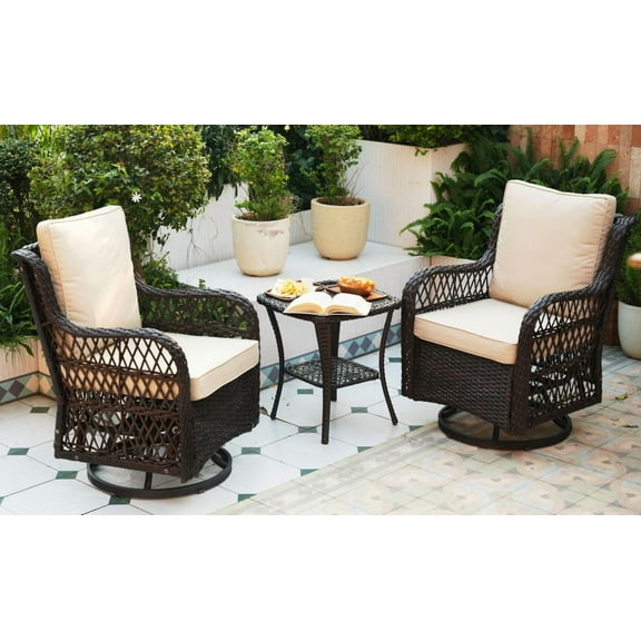Towallmark Swivel Rocker Chair Set, 3 PCS Outdoor Rocking Furniture With Glass Table, Thick Cushions Included, Brown Rattan And Beige Design For Backyard Deck Balcony