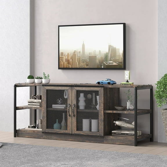 Towallmark TV Stand for 65+ Inch TV, Industrial Entertainment Center TV Media Console Table, Farmhouse TV Stand with Storage and Mesh Door, TV Console Cabinet Furniture for Living Room, Rustic Oak