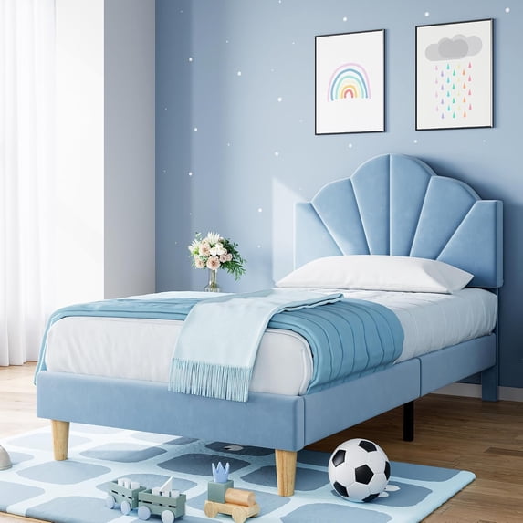 Towallmark Twin Bed Frame, Velvet Upholstered Platform Bed Frame with Height Adjustable Headboard for Boys & Girls, Wood Slat Support, Easy to Assemble, No Box Spring Needed, Light Blue