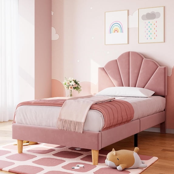 Towallmark Twin Bed Frame, Velvet Upholstered Platform Bed Frame with Height Adjustable Headboard for Boys & Girls, Wood Slat Support, Easy to Assemble, No Box Spring Needed, Light Pink